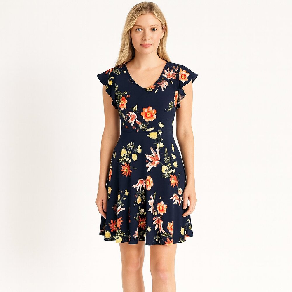 Ann Taylor Petite Navy Blue Floral Fit & Flare Dress Flutter Short Sleeve XS P